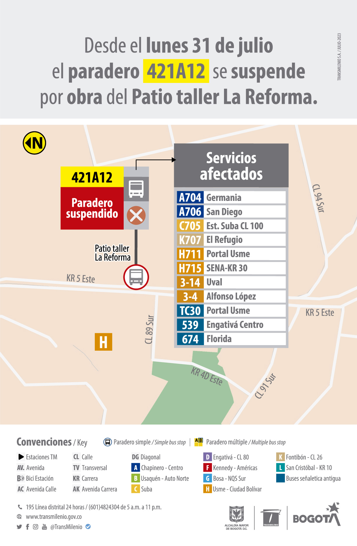  Se suspenderá el paradero 421A12 ubicado en la carrera 5 este, por obra de Patio taller La Reforma