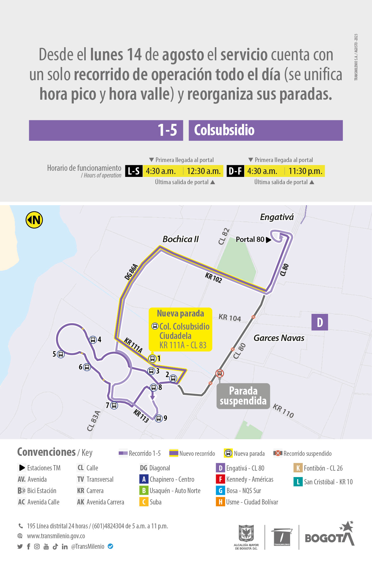 Mapa de la ruta 1-5 Colsubsidio con nuevo recorrido y nuevo paradero en la Carrera 111A-Calle 83 