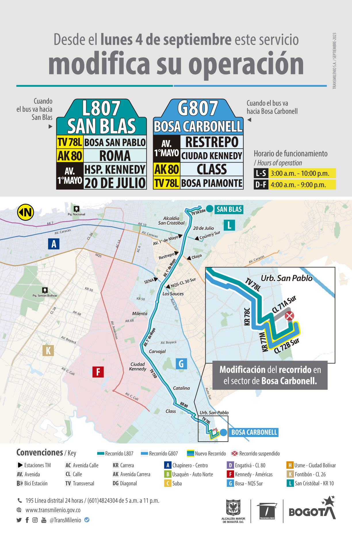  la ruta zonal L807 San Blas - G807 Bosa Carbonell, modifica su operación en el sector de Bosa Carbonell