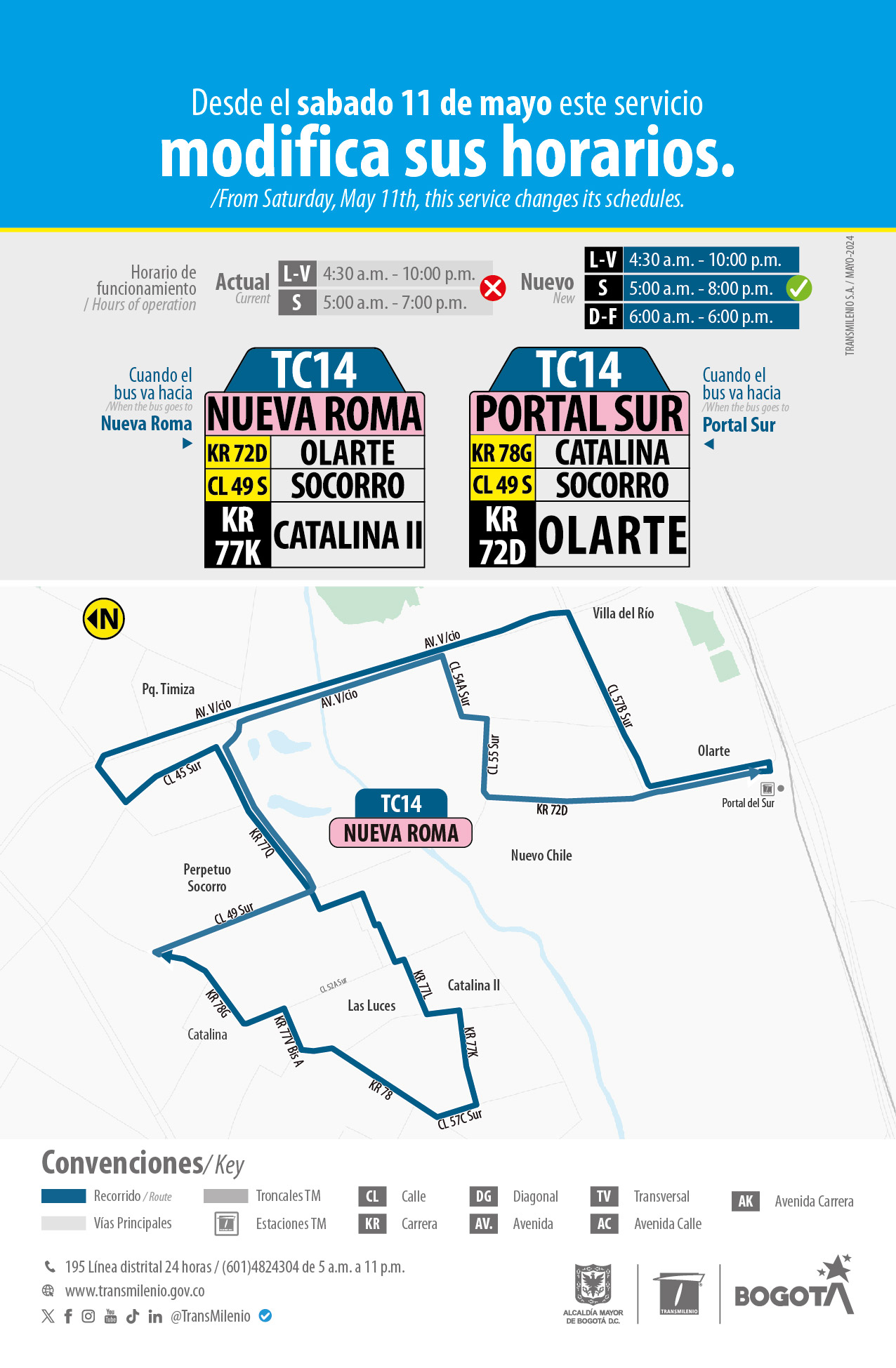 La ruta zonal TC14 Nueva Roma - Portal Sur modifica su horario de operación