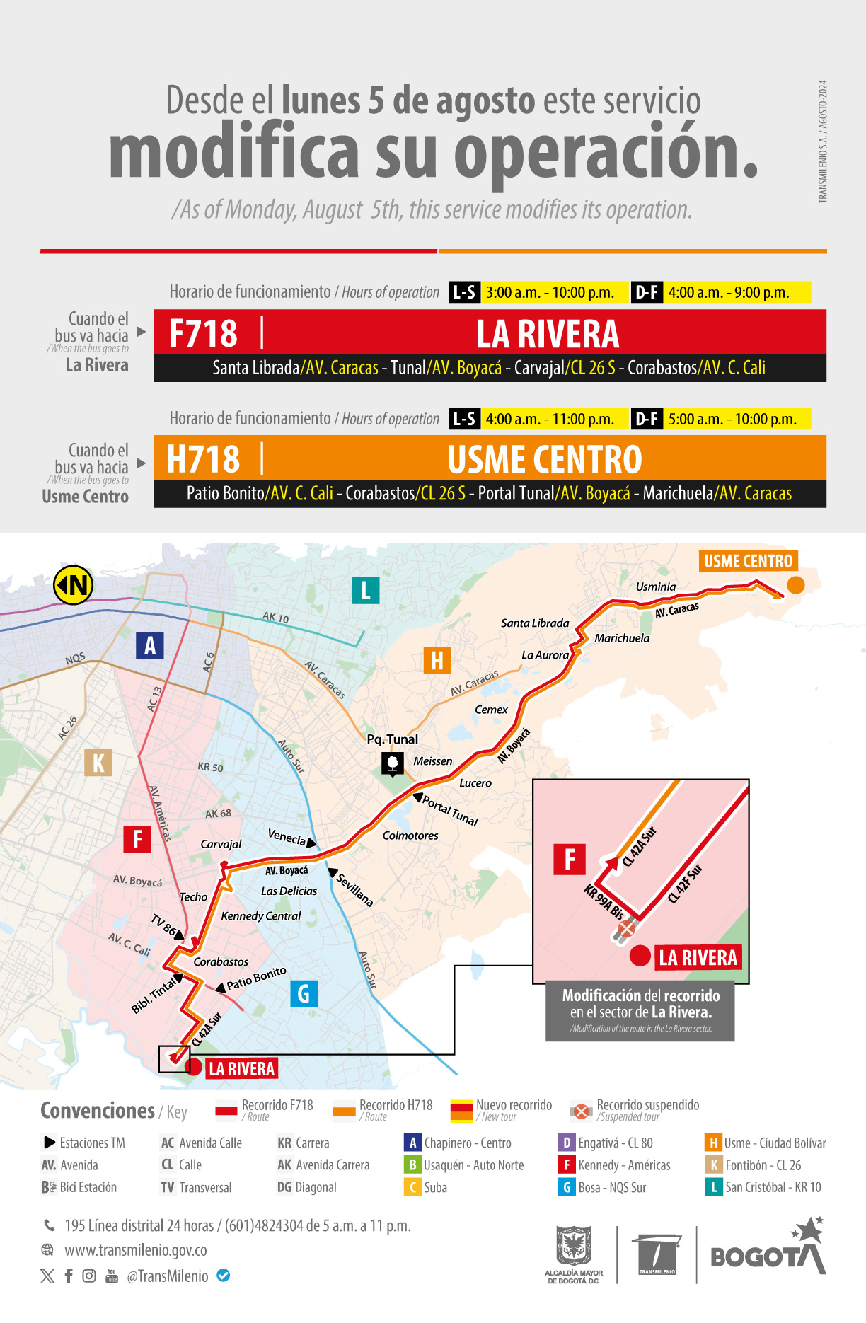 Servicio F718 - H718, modifica su recorrido en el sector de La Rivera